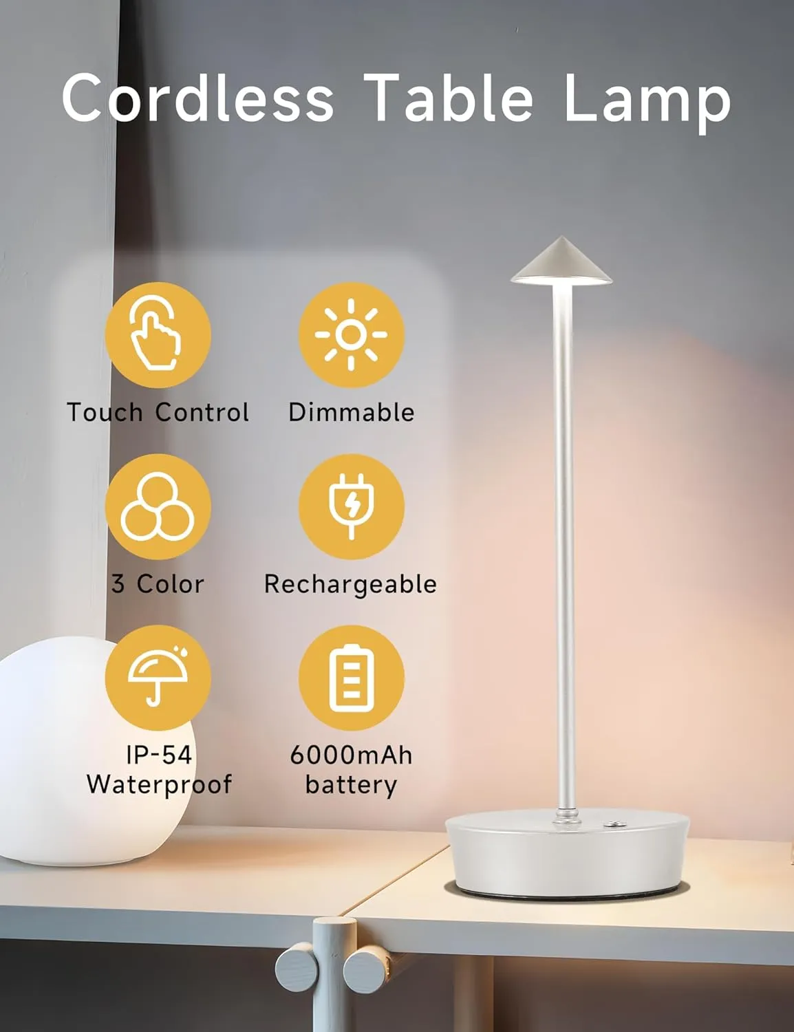 Cordless Table Lamps,LED Rechargeable Desk Lamp,Portable Modern USB Battery Operated Lights,Outdoor Waterproof Touch Dimmable,for Patio,Restaurant,Bar,Camping,Dining Home Set of 2 Silver