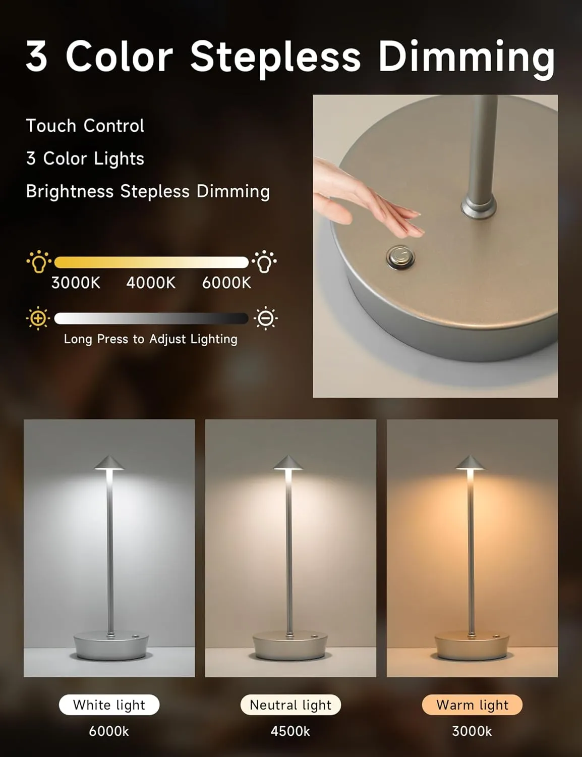Cordless Table Lamps,LED Rechargeable Desk Lamp,Portable Modern USB Battery Operated Lights,Outdoor Waterproof Touch Dimmable,for Patio,Restaurant,Bar,Camping,Dining Home Set of 2 Silver