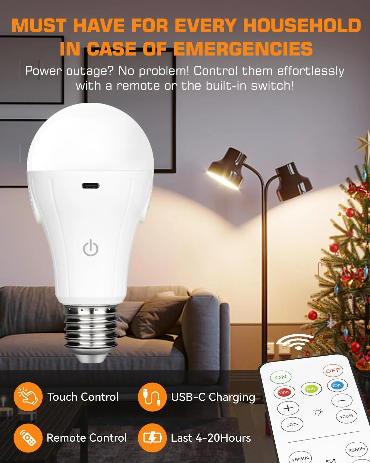 CordlessGlow 15W A19 Rechargeable Light Bulbs with Remote, 3 Color Temperatures   Dimmable Battery Operated Light Bulb, up to 24 Hours,6pk