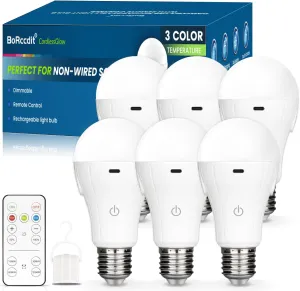 CordlessGlow 15W A19 Rechargeable Light Bulbs with Remote, 3 Color Temperatures   Dimmable Battery Operated Light Bulb, up to 24 Hours,6pk
