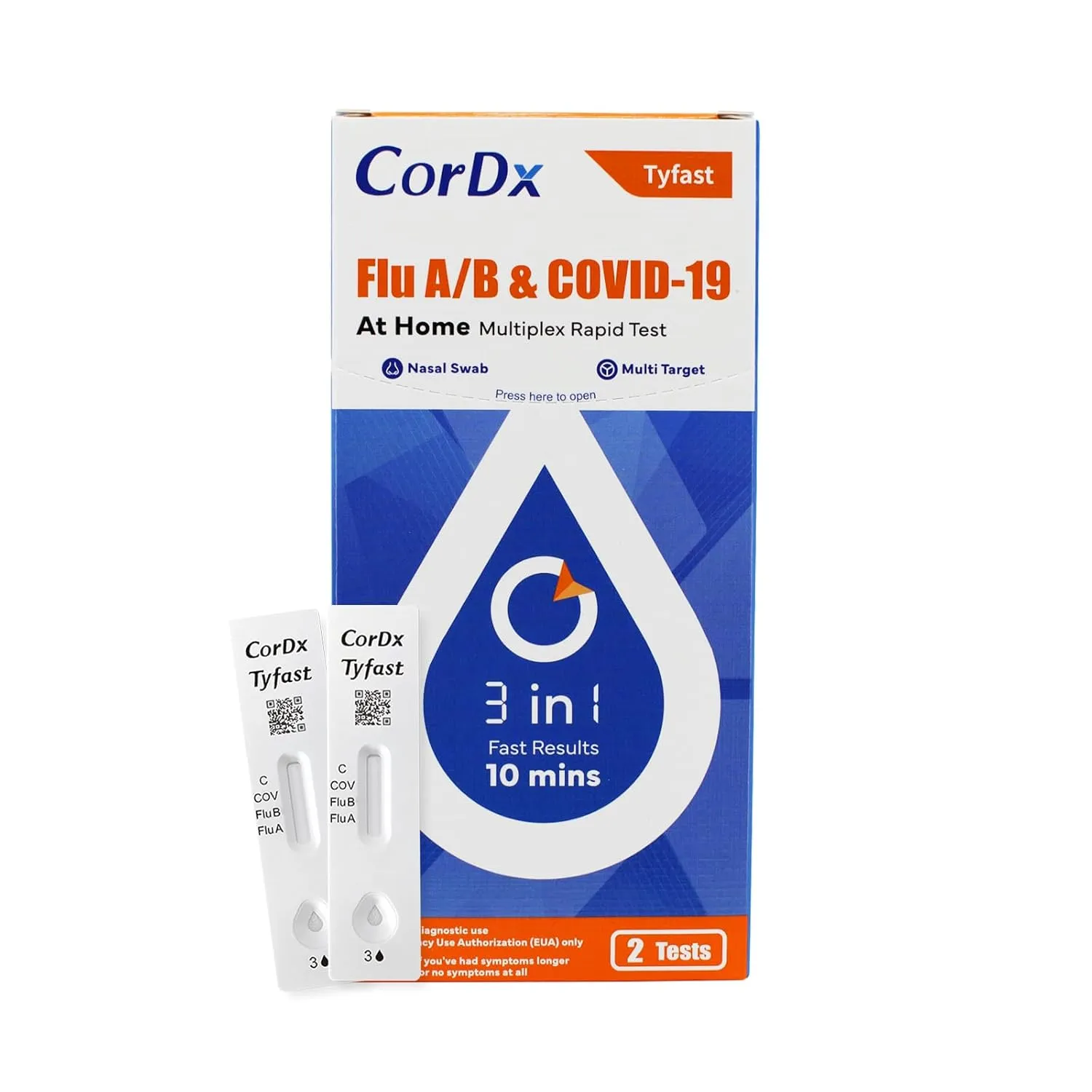 CorDx TyFast Flu A/B & Covid 19 Multiplex Rapid Test, 10 Mins at Home, EUA Authorized, 3 in 1 Combo Kit, 2 Tests