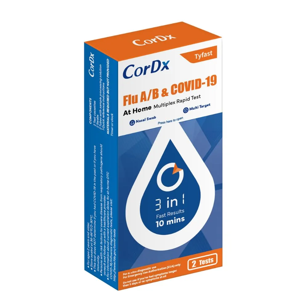 CorDx TyFast Flu A/B & Covid 19 Multiplex Rapid Test, 10 Mins at Home, EUA Authorized, 3 in 1 Combo Kit, 2 Tests