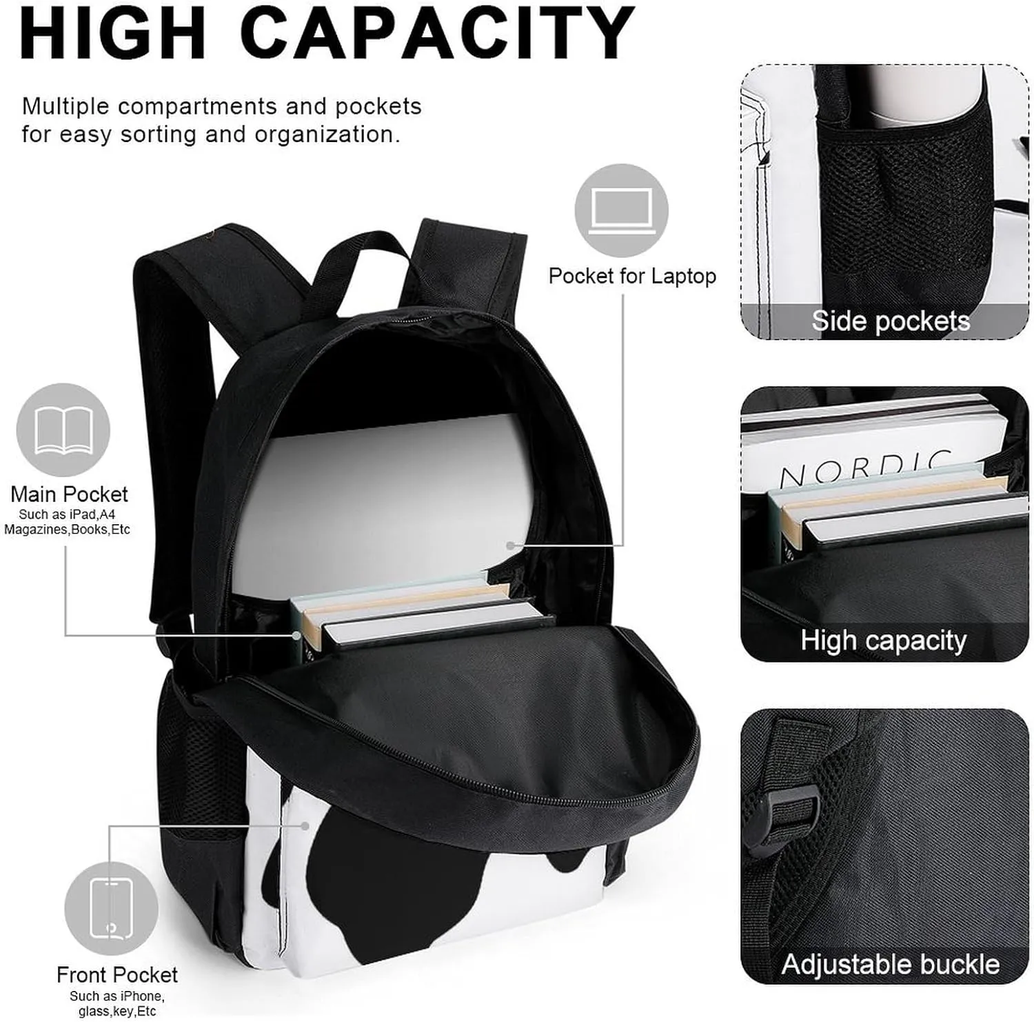 Cow Print Lightweight Pocket Backpack Crossbody Lunch Bag Set Unisex