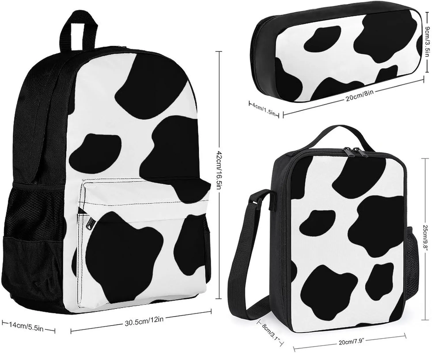 Cow Print Lightweight Pocket Backpack Crossbody Lunch Bag Set Unisex