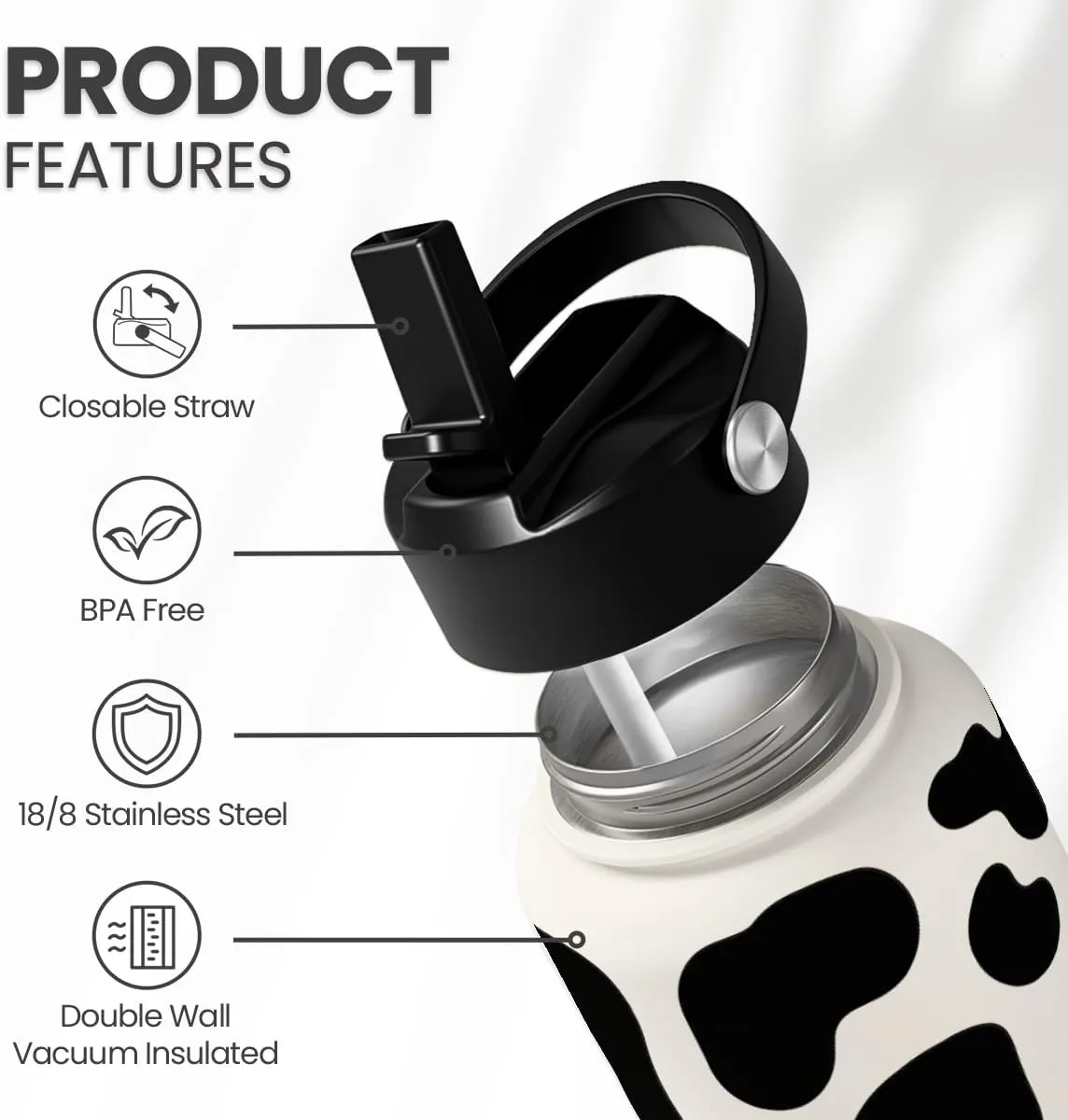 Cow Print Water Bottle 32oz Stainless Steel Vacuum Insulated with Lid, Cow Water Bottles for Gym Sports Travel Outdoor, Cow Gifts for Women Girls Birthday Christmas