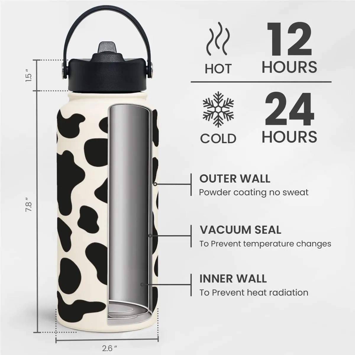 Cow Print Water Bottle 32oz Stainless Steel Vacuum Insulated with Lid, Cow Water Bottles for Gym Sports Travel Outdoor, Cow Gifts for Women Girls Birthday Christmas