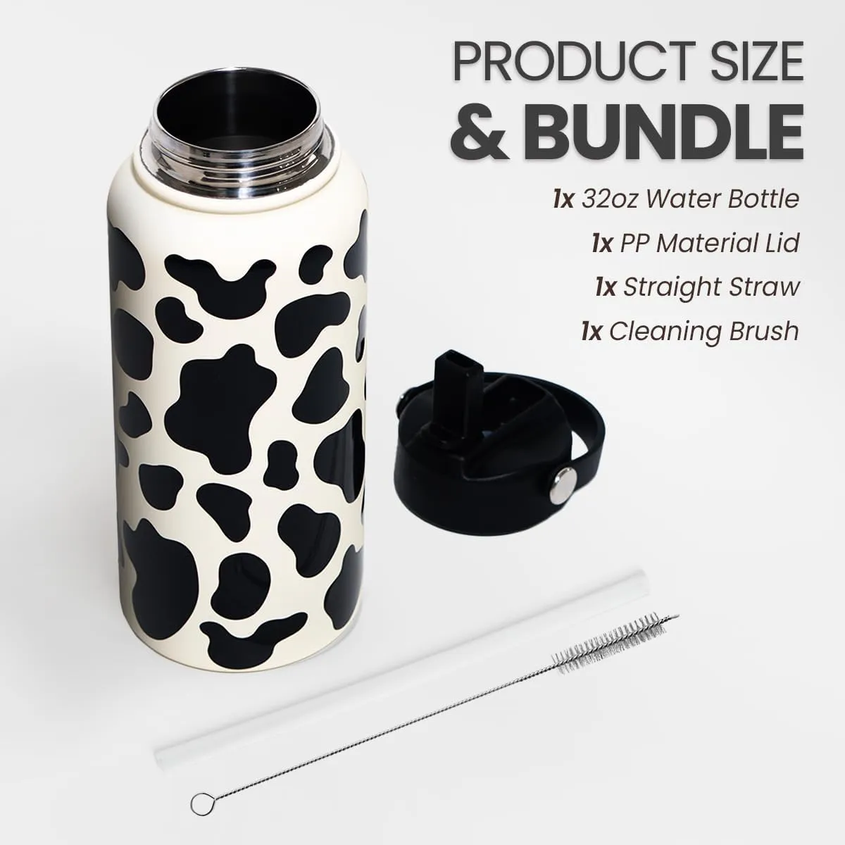 Cow Print Water Bottle 32oz Stainless Steel Vacuum Insulated with Lid, Cow Water Bottles for Gym Sports Travel Outdoor, Cow Gifts for Women Girls Birthday Christmas