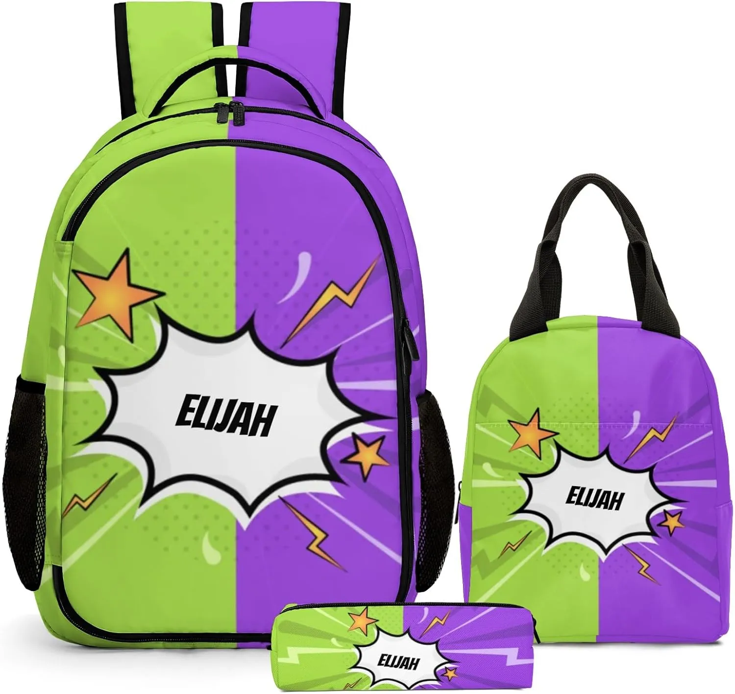 Custom Backpack for Boys, Lightweight Backpack Set with Lunch Bag and Pencil Case 3 pcs, Schoolbag for Elementary Junior High Students 6-8 10-12 14-16, Comic