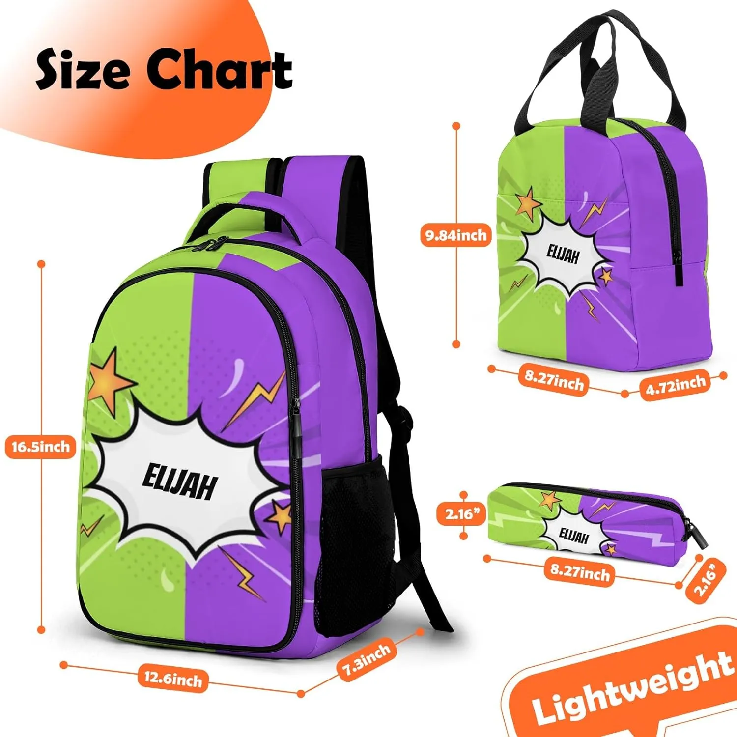 Custom Backpack for Boys, Lightweight Backpack Set with Lunch Bag and Pencil Case 3 pcs, Schoolbag for Elementary Junior High Students 6-8 10-12 14-16, Comic