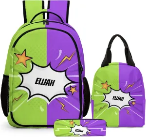 Custom Backpack for Boys, Lightweight Backpack Set with Lunch Bag and Pencil Case 3 pcs, Schoolbag for Elementary Junior High Students 6-8 10-12 14-16, Comic