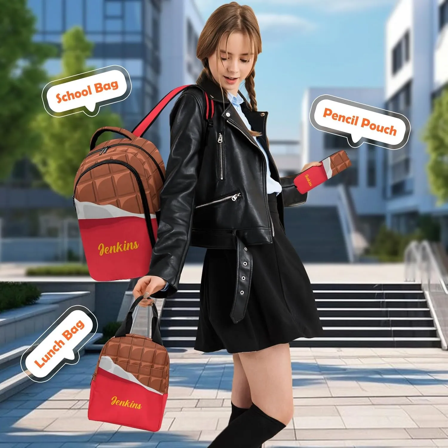Custom Backpack for Girls, Lightweight Backpack Set with Lunch Bag and Pencil Case 3 pcs, Schoolbag for Elementary Junior High School Students 6-8 10-12 14-16
