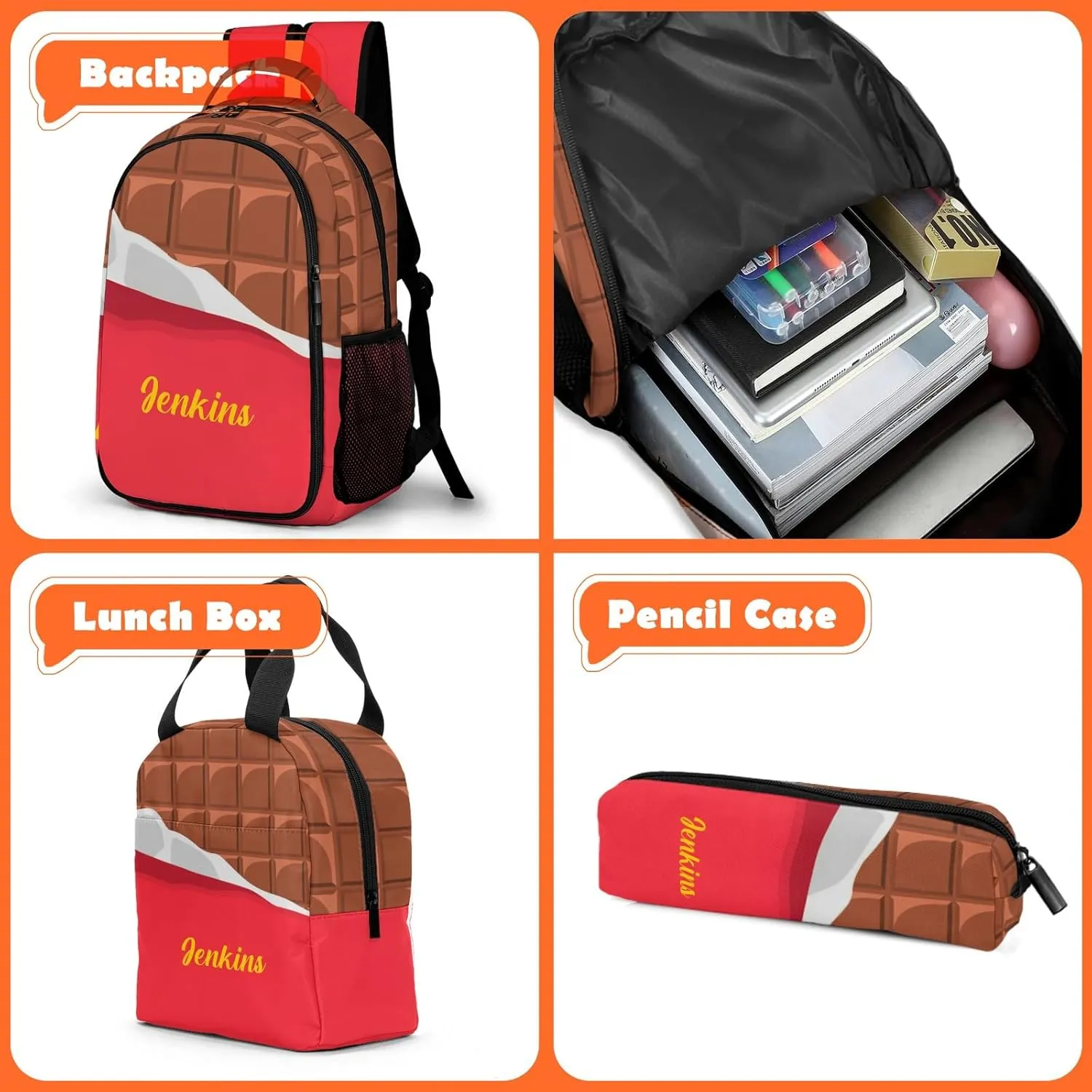 Custom Backpack for Girls, Lightweight Backpack Set with Lunch Bag and Pencil Case 3 pcs, Schoolbag for Elementary Junior High School Students 6-8 10-12 14-16