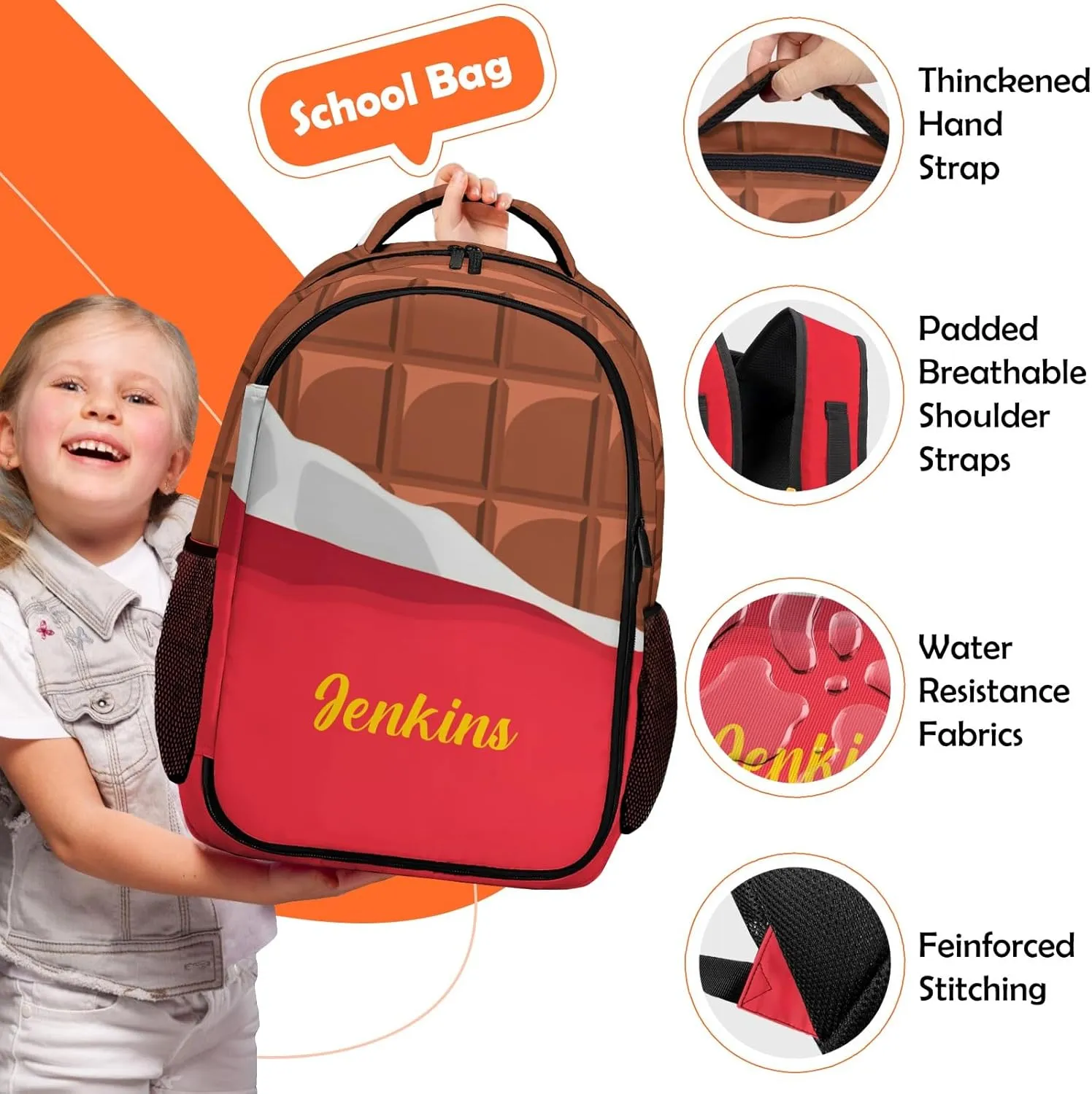 Custom Backpack for Girls, Lightweight Backpack Set with Lunch Bag and Pencil Case 3 pcs, Schoolbag for Elementary Junior High School Students 6-8 10-12 14-16