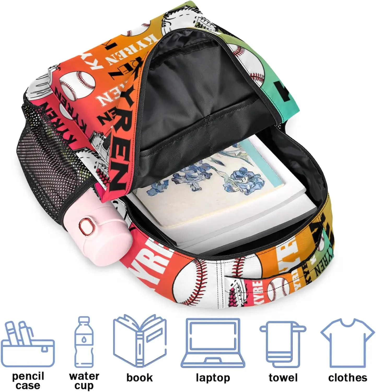 Custom Baseball Backpack for Men Women, Personalized Laptop Backpack with Name, Sports Bag Lightweight Daypack for Travel Camping, Red Yellow Blues