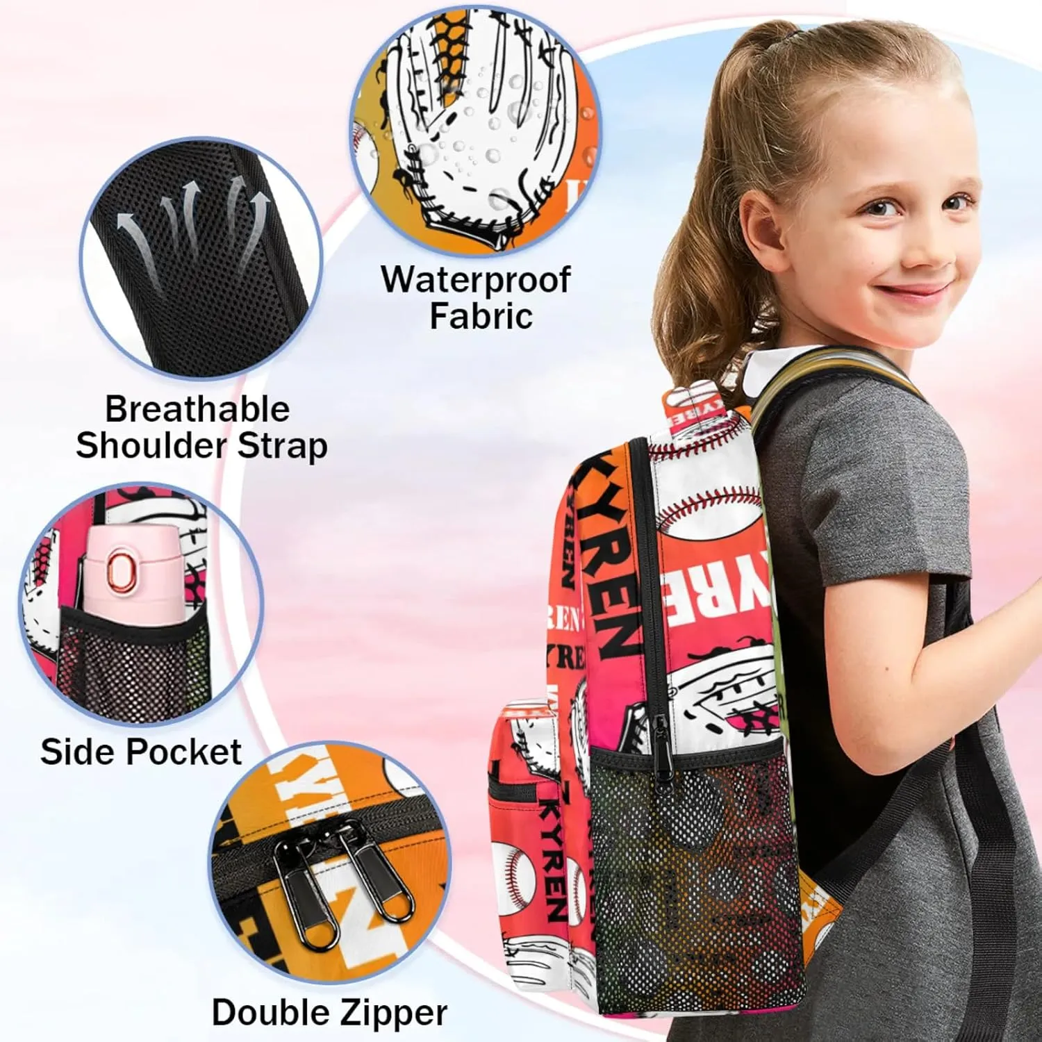 Custom Baseball Backpack for Men Women, Personalized Laptop Backpack with Name, Sports Bag Lightweight Daypack for Travel Camping, Red Yellow Blues