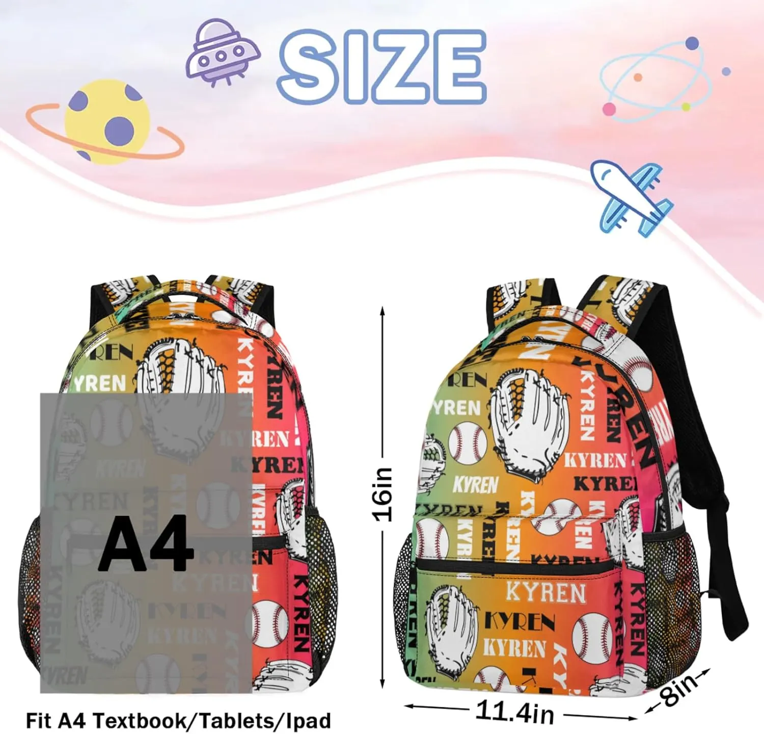 Custom Baseball Backpack for Men Women, Personalized Laptop Backpack with Name, Sports Bag Lightweight Daypack for Travel Camping, Red Yellow Blues
