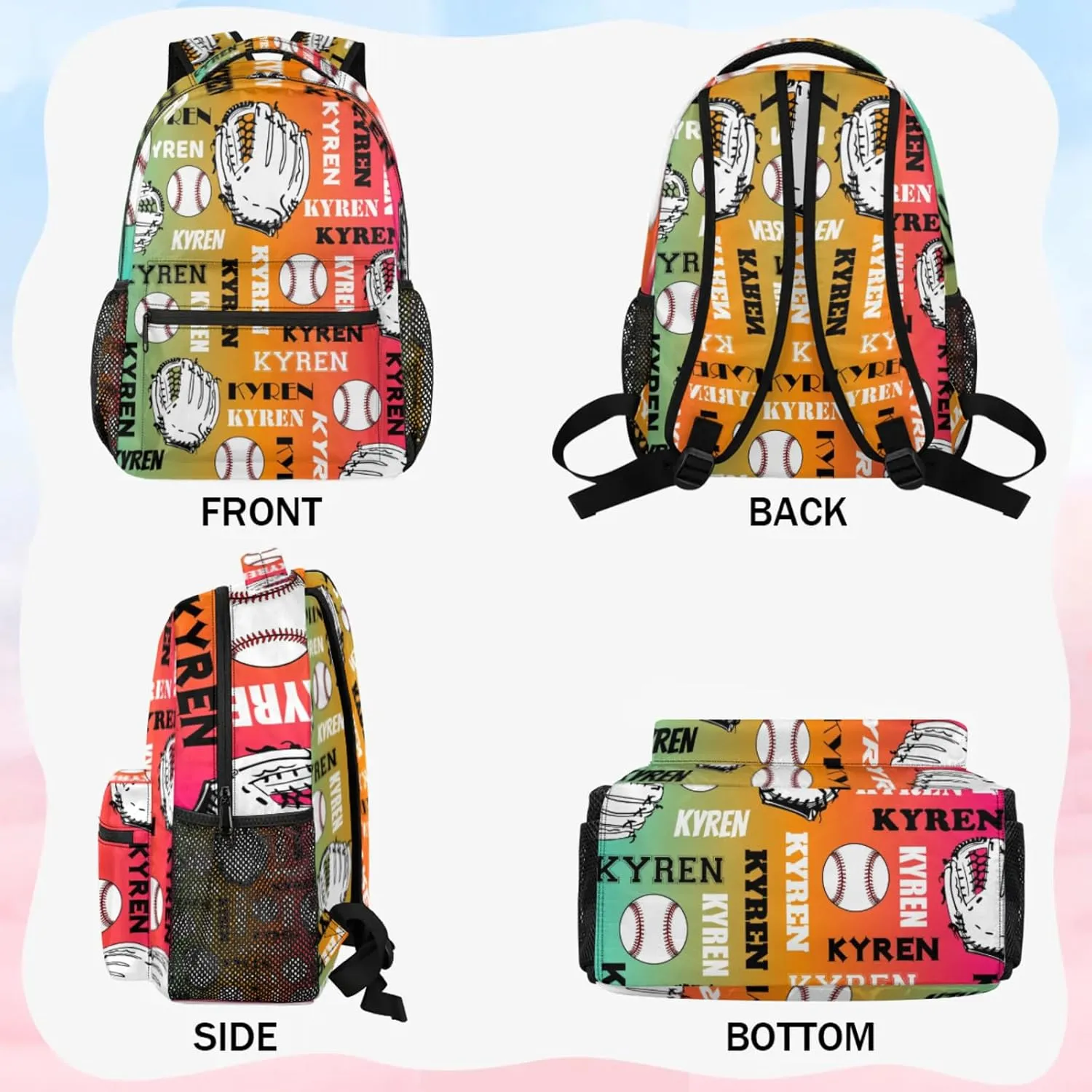 Custom Baseball Backpack for Men Women, Personalized Laptop Backpack with Name, Sports Bag Lightweight Daypack for Travel Camping, Red Yellow Blues