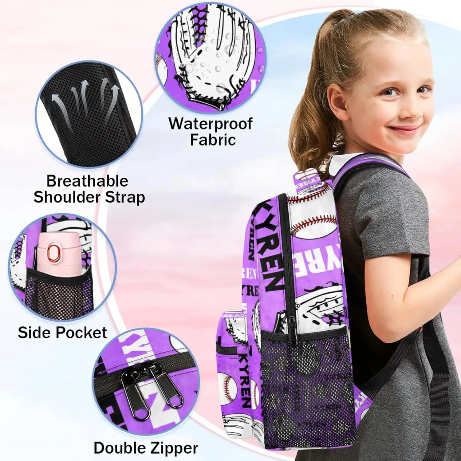 Custom Baseball Backpack for Men Women, Personalized Name Laptop Backpack, Sports Bag Lightweight Daypack for Travel Camping, Dark Purple