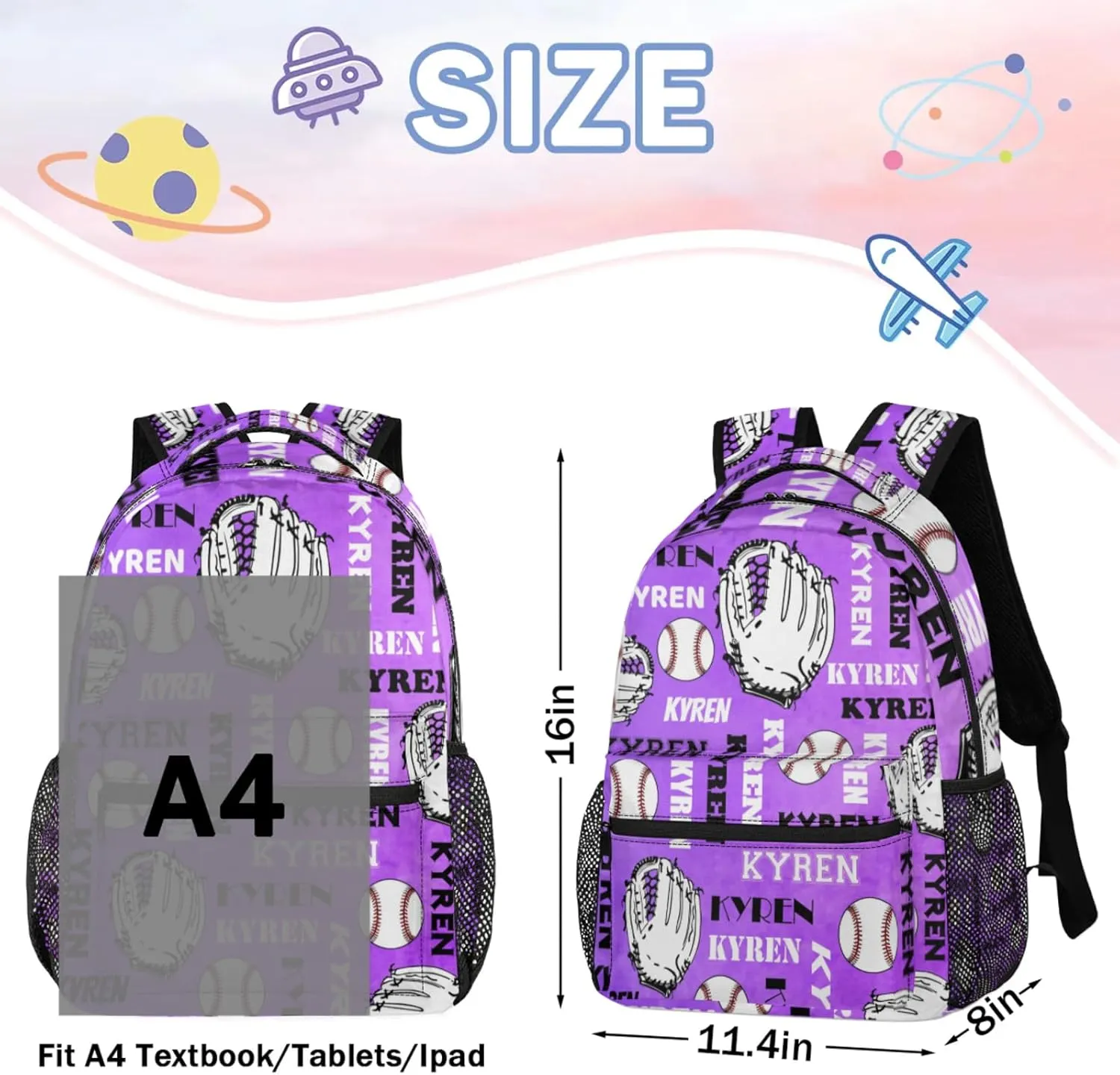 Custom Baseball Backpack for Men Women, Personalized Name Laptop Backpack, Sports Bag Lightweight Daypack for Travel Camping, Dark Purple