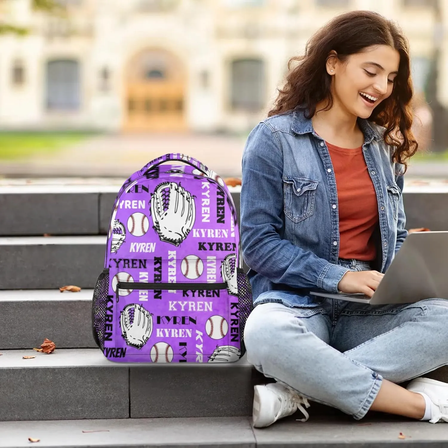 Custom Baseball Backpack for Men Women, Personalized Name Laptop Backpack, Sports Bag Lightweight Daypack for Travel Camping, Dark Purple