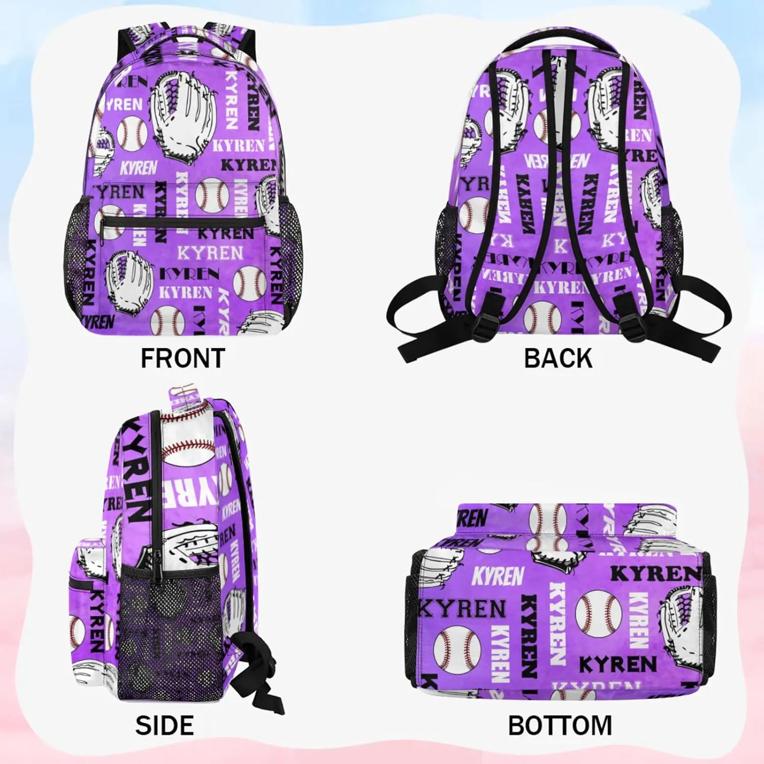 Custom Baseball Backpack for Men Women, Personalized Name Laptop Backpack, Sports Bag Lightweight Daypack for Travel Camping, Dark Purple
