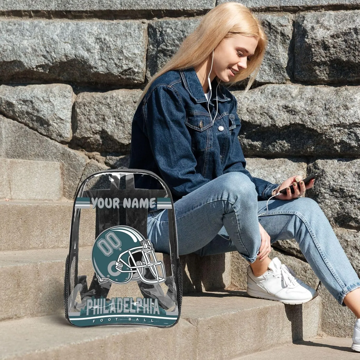 Custom Philadelphia Backpack Personalized Clear Backpack With Name And Number，Large Capacity Transparent Laptop Bag Football Style Casual Daypack Gifts For Men Women Fans