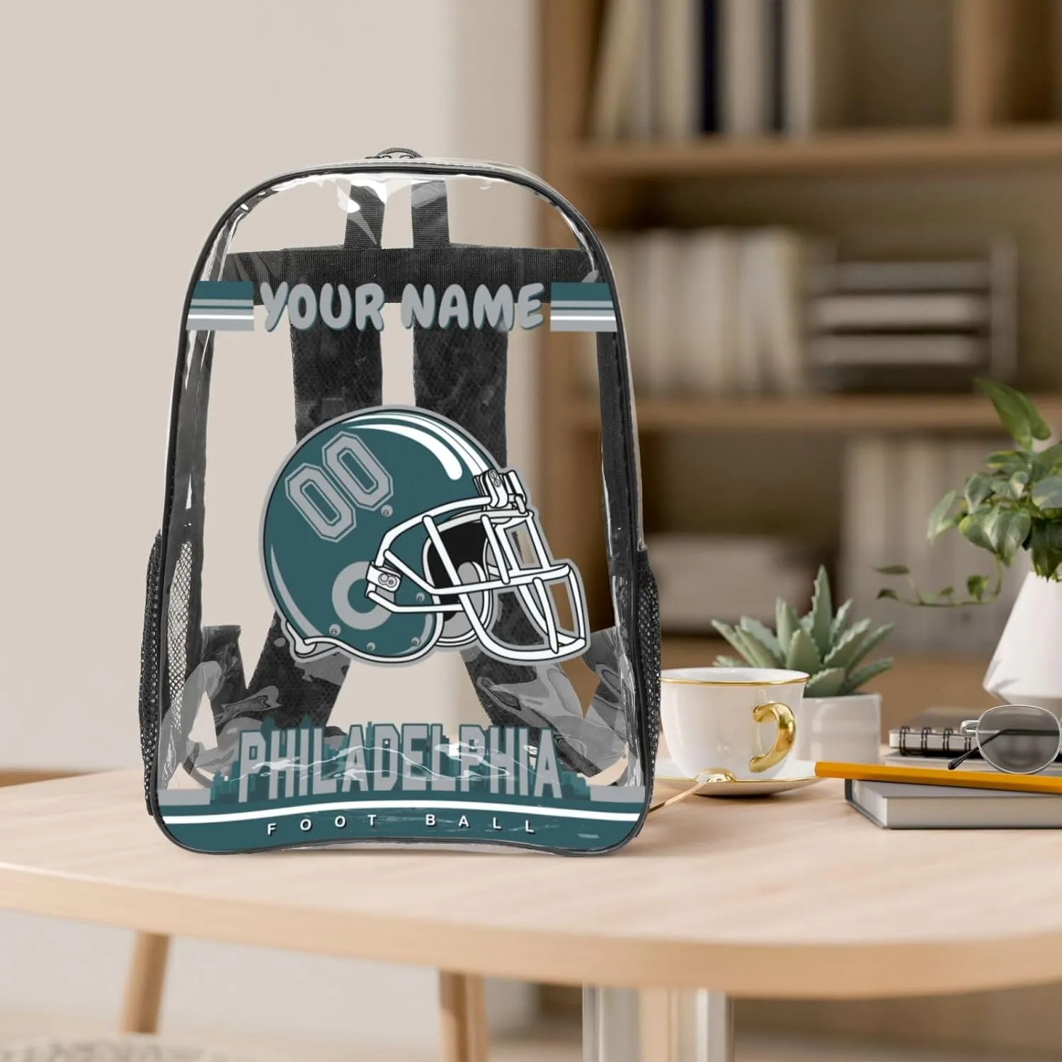 Custom Philadelphia Backpack Personalized Clear Backpack With Name And Number，Large Capacity Transparent Laptop Bag Football Style Casual Daypack Gifts For Men Women Fans