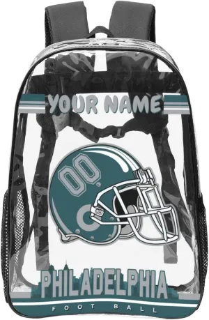 Custom Philadelphia Backpack Personalized Clear Backpack With Name And Number，Large Capacity Transparent Laptop Bag Football Style Casual Daypack Gifts For Men Women Fans