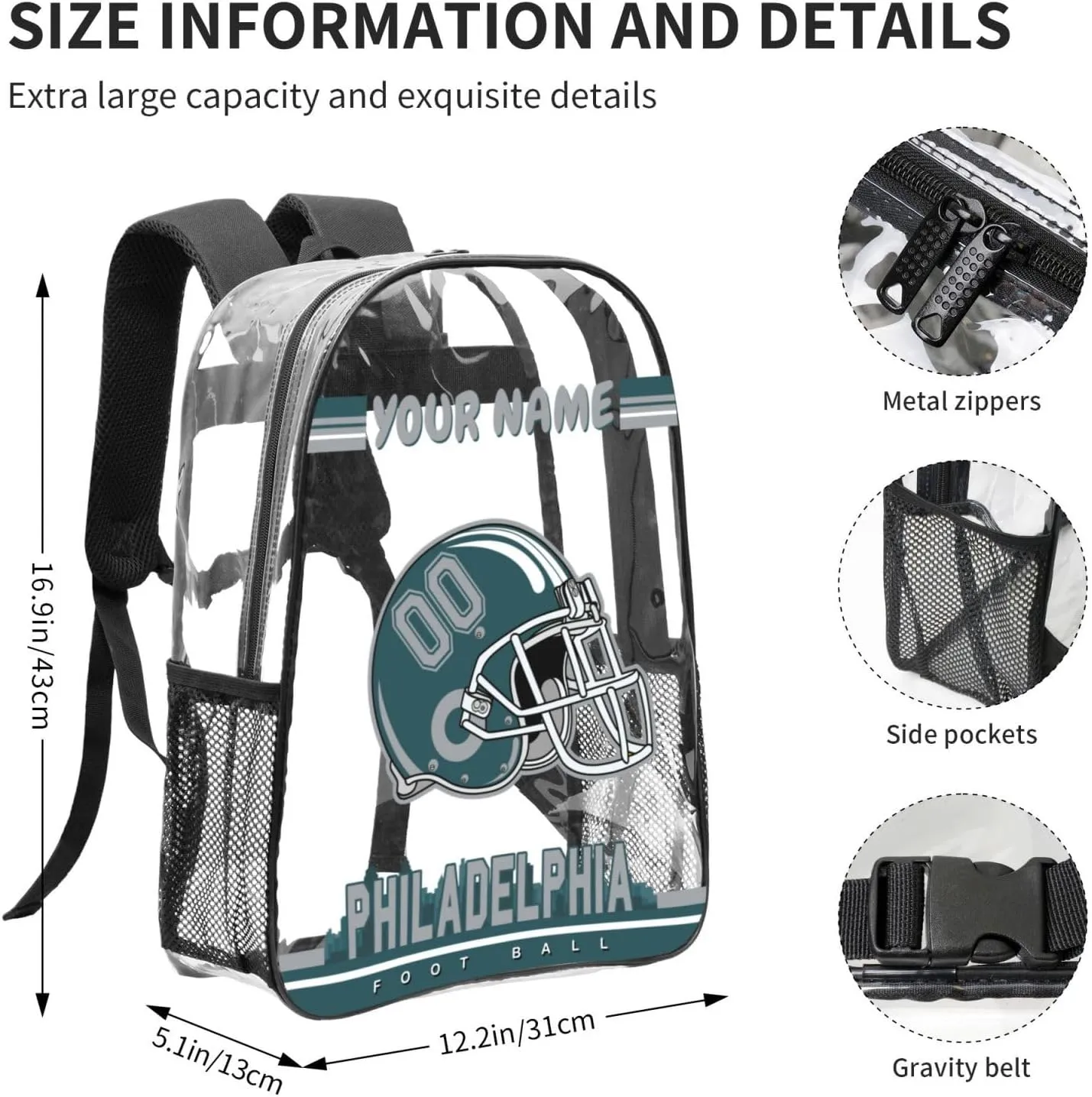 Custom Philadelphia Backpack Personalized Clear Backpack With Name And Number，Large Capacity Transparent Laptop Bag Football Style Casual Daypack Gifts For Men Women Fans