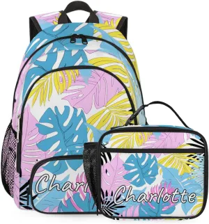 Custom Tropical Palm Leaves Backpack and Lunch Box Set Personalized Backpack with Name, Customized Summer Lightweight Waterproof Travel Casual Daypacks