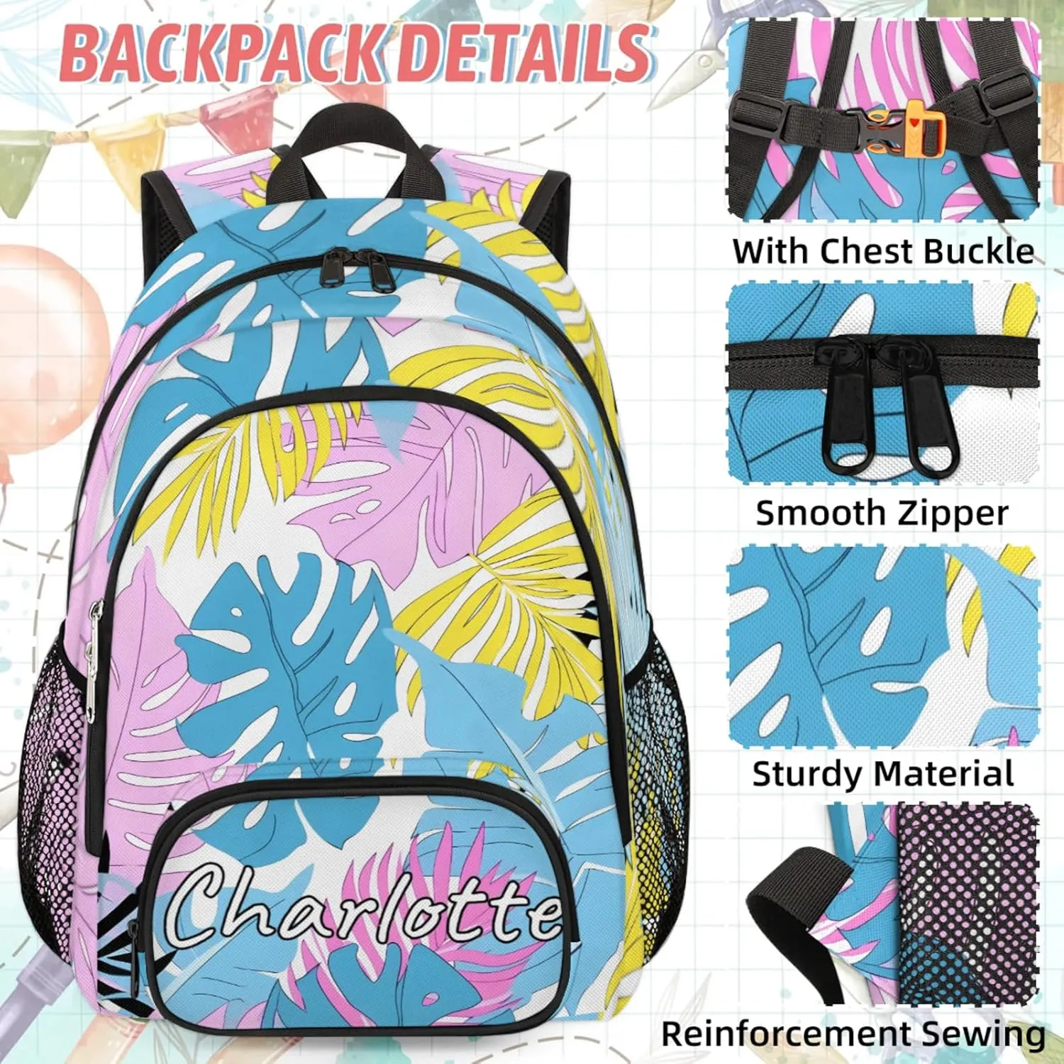 Custom Tropical Palm Leaves Backpack and Lunch Box Set Personalized Backpack with Name, Customized Summer Lightweight Waterproof Travel Casual Daypacks