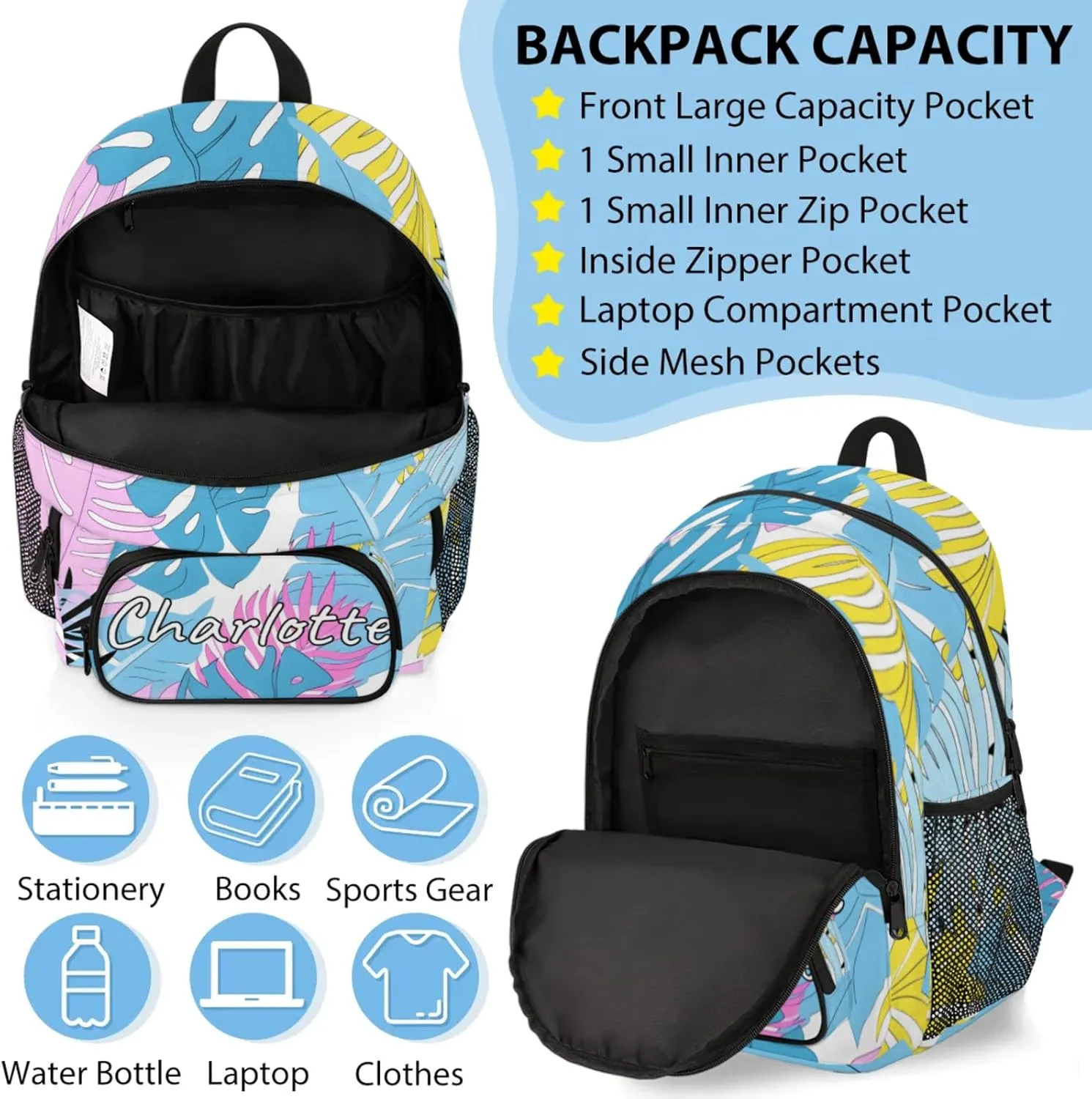 Custom Tropical Palm Leaves Backpack and Lunch Box Set Personalized Backpack with Name, Customized Summer Lightweight Waterproof Travel Casual Daypacks