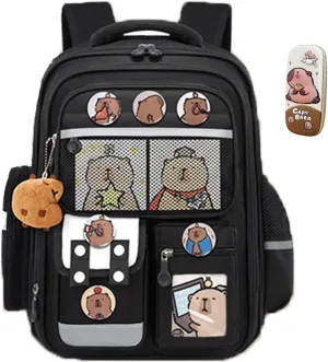 Cute Capybara Backpack with Chic Case, Cartoon Large Capacity Backpack, Durable Casual Bag, Suitable for Junior High Students (Black, Small)