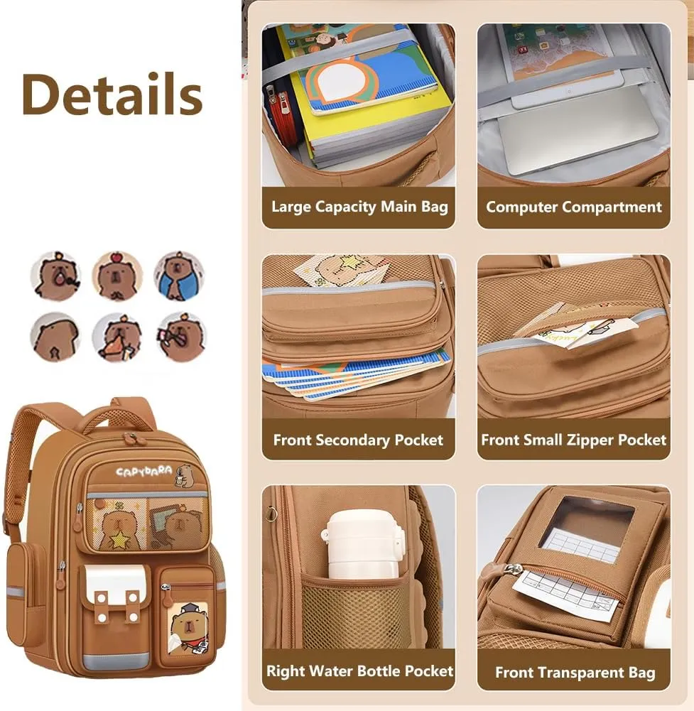 Cute Capybara Backpack with Chic Case, Cartoon Large Capacity Backpack, Durable Casual Bag, Suitable for Junior High Students (Brown-A, Small)