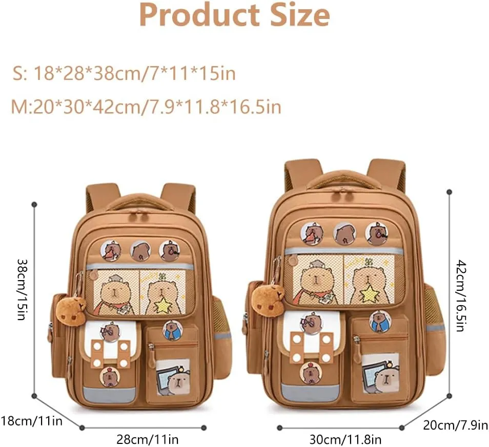 Cute Capybara Backpack with Chic Case, Cartoon Large Capacity Backpack, Durable Casual Bag, Suitable for Junior High Students (Brown-A, Small)