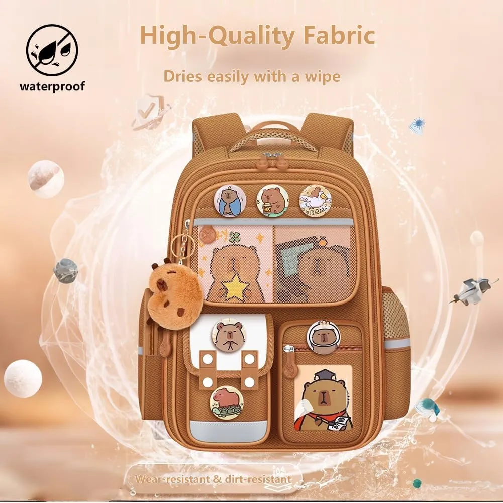 Cute Capybara Backpack with Chic Case, Cartoon Large Capacity Backpack, Durable Casual Bag, Suitable for Junior High Students (Brown-A, Small)
