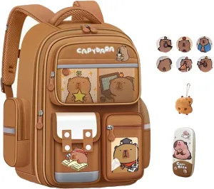 Cute Capybara Backpack with Chic Case, Cartoon Large Capacity Backpack, Durable Casual Bag, Suitable for Junior High Students (Brown-A, Small)