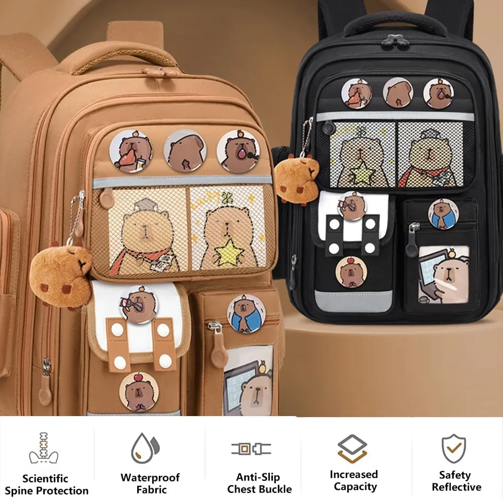 Cute Capybara Backpack with Chic Case, Cartoon Large Capacity Backpack, Durable Casual Bag, Suitable for Junior High Students (Brown-A, Small)