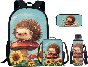 Cute Hedgehog Junior High School Bookbag for Girls Backpack and Lunch Bag Set with Pencil Case Rucksack for Teens Child Back To School 17 Inch Backpack 4Pcs Set Schoolbag