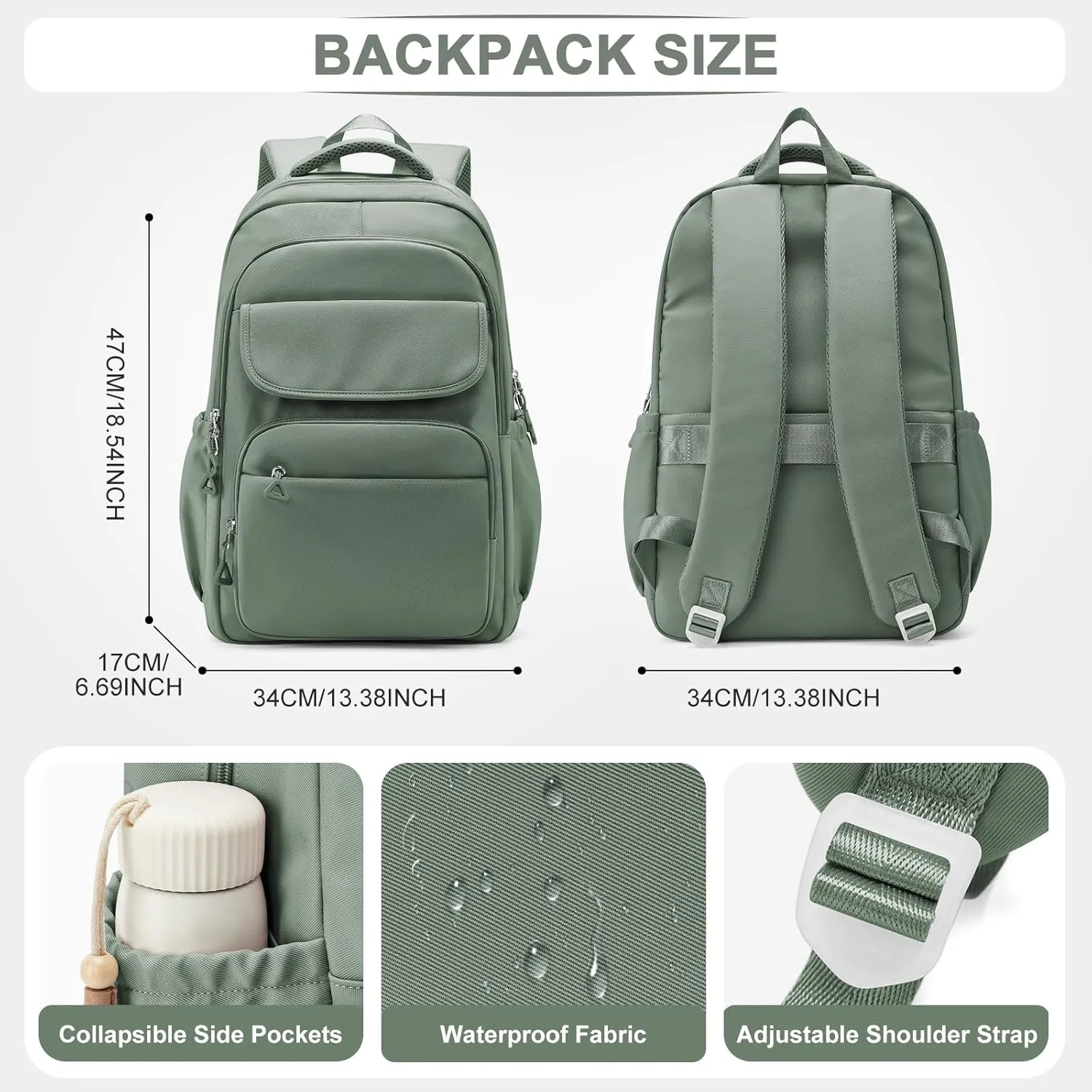 Cute School Backpack for Teens Girls Boys Waterproof School Bag Basic Backpack for College Students Multi Pocket Backpack Lightweight Casual Daypack Backpacks for Women Men（Green）