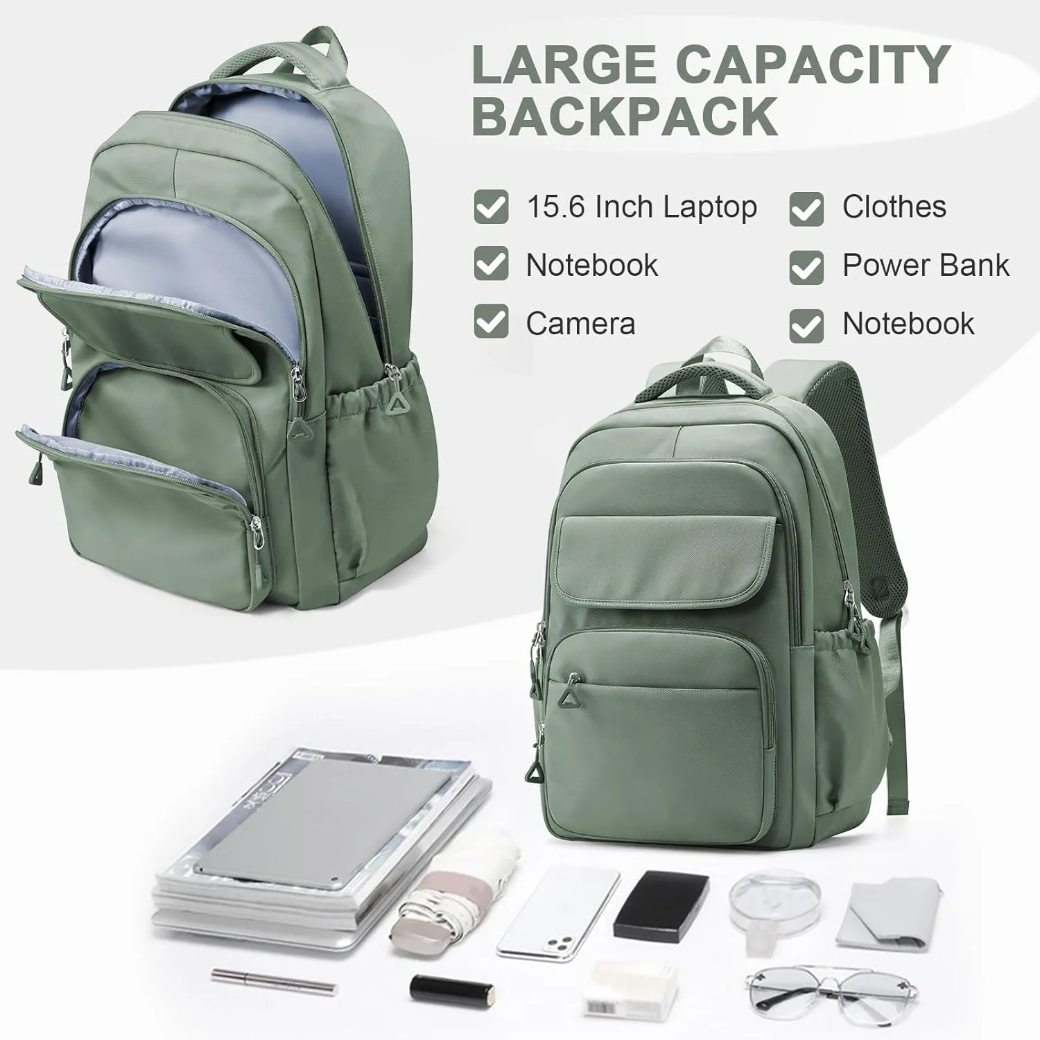 Cute School Backpack for Teens Girls Boys Waterproof School Bag Basic Backpack for College Students Multi Pocket Backpack Lightweight Casual Daypack Backpacks for Women Men（Green）