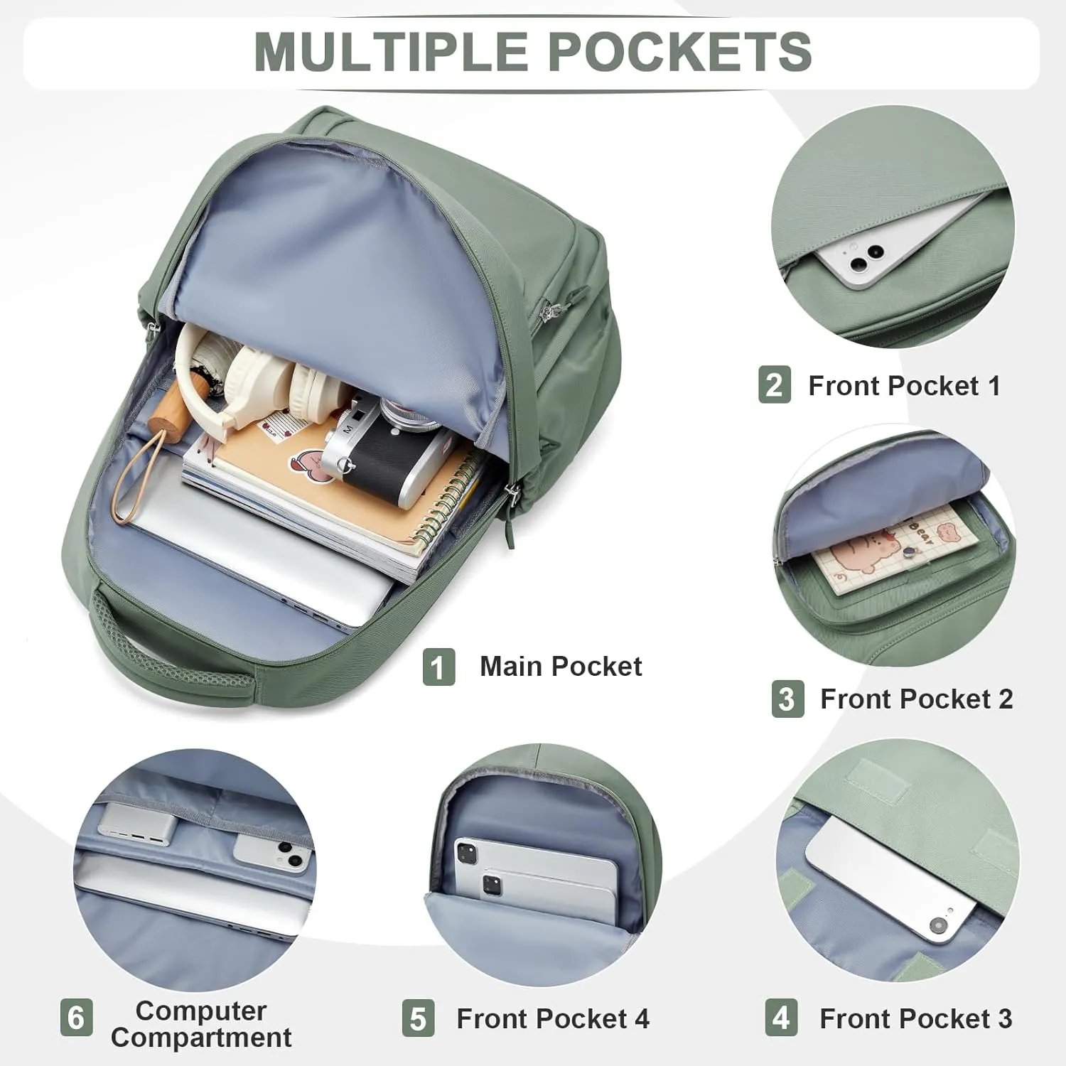 Cute School Backpack for Teens Girls Boys Waterproof School Bag Basic Backpack for College Students Multi Pocket Backpack Lightweight Casual Daypack Backpacks for Women Men（Green）