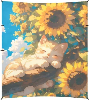 Cute Sunflowers Yellow Cat Beach Cabana UPF50 Easy Setup Large Portable Sun Shelter with Sandbags and Shovel for Family Travel