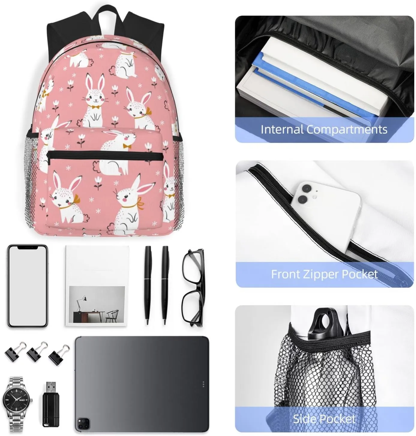 Cute White Rabbit Print Comfortable Backpack,Your Essential Casual Travel Bag For Outdoor Adventures