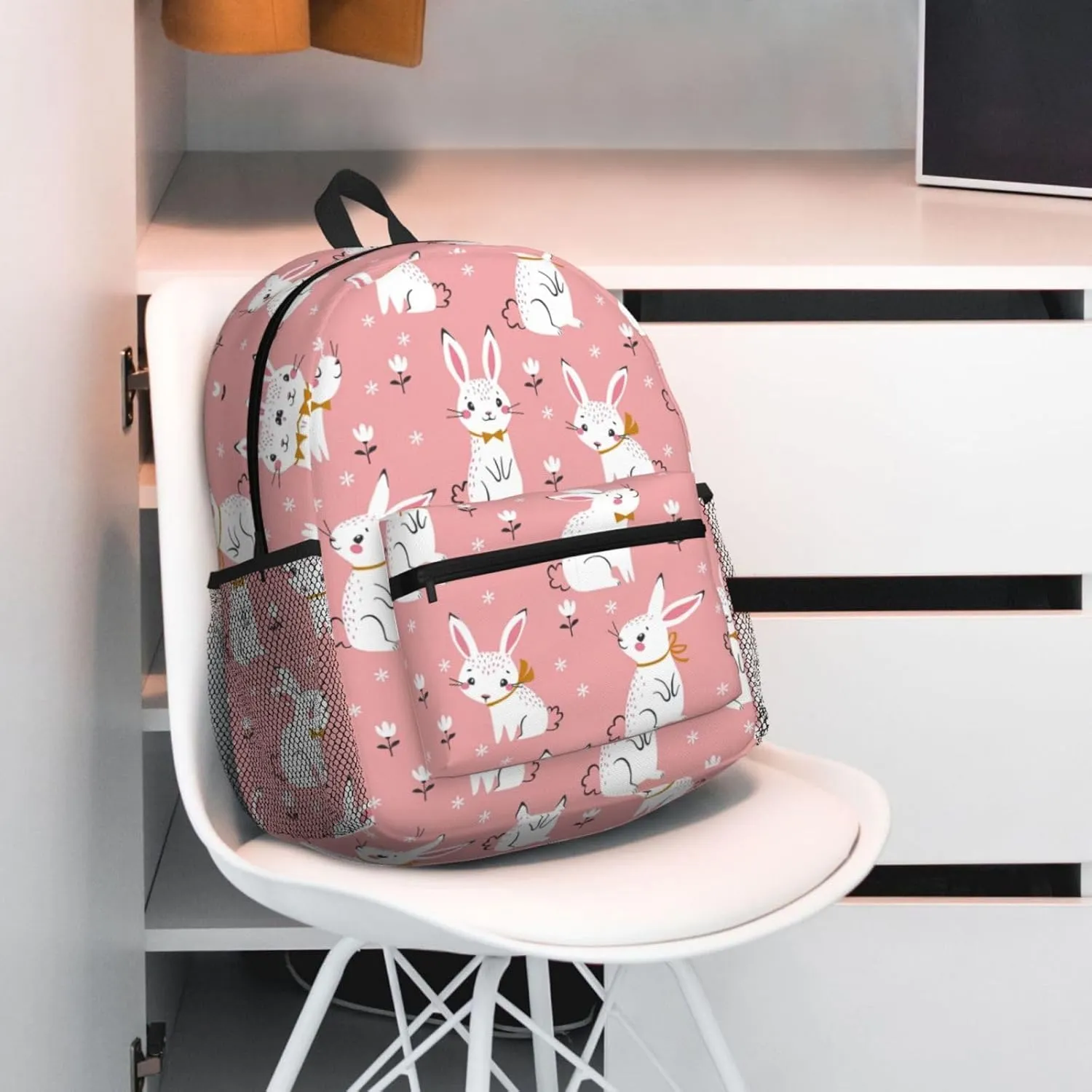 Cute White Rabbit Print Comfortable Backpack,Your Essential Casual Travel Bag For Outdoor Adventures