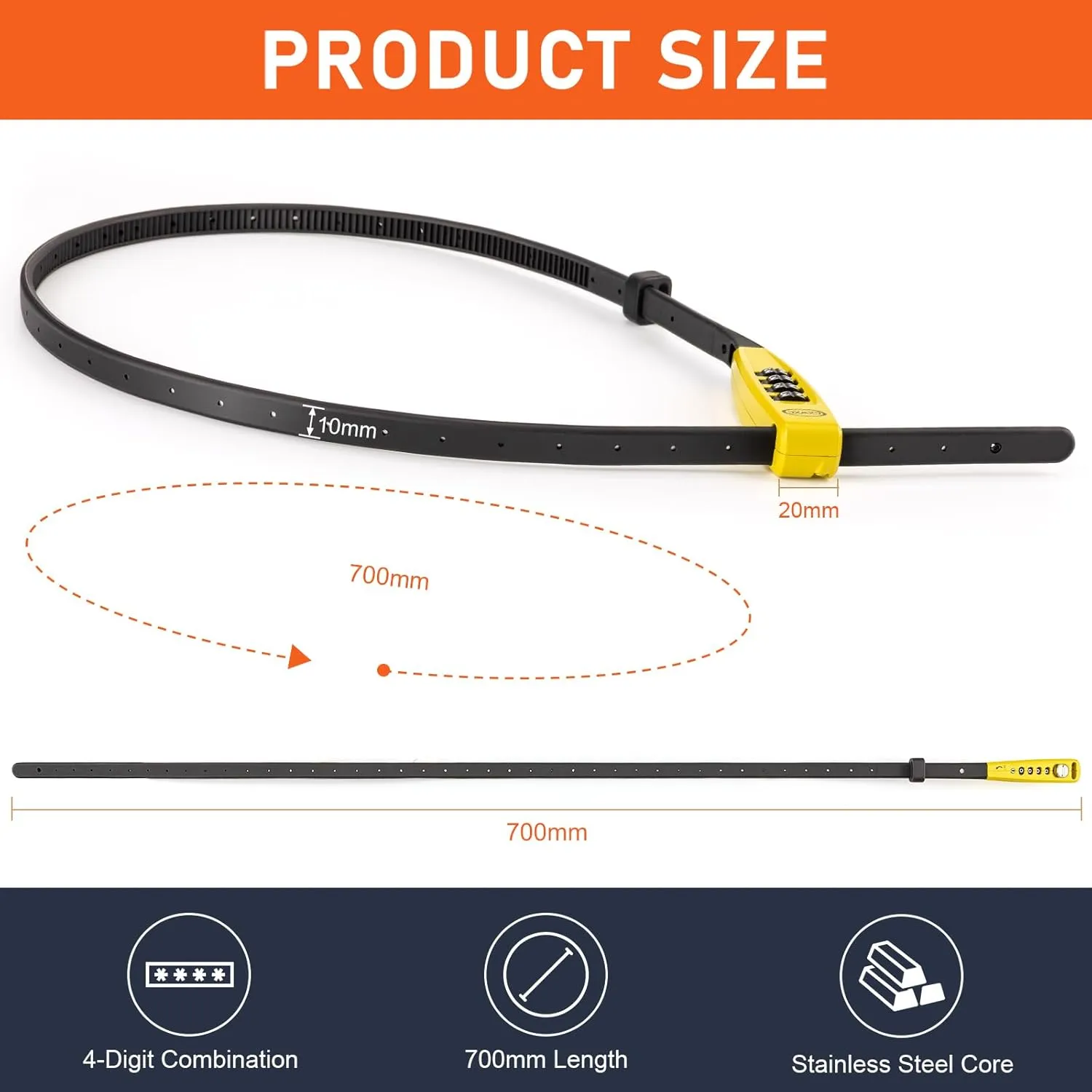 CXWXC Zip Tie Lock - 4-Digit Combo Cable Locks for Bike Motorcycle Helmet, Skateboard, Skis, Snowboard, Stroller & Cabinet - Ideal for Lightweight Security (Yellow, 70CM)