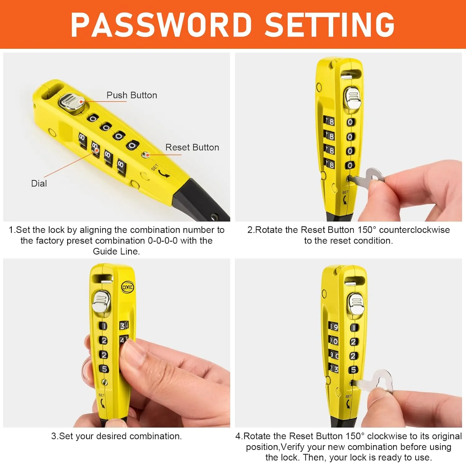 CXWXC Zip Tie Lock - 4-Digit Combo Cable Locks for Bike Motorcycle Helmet, Skateboard, Skis, Snowboard, Stroller & Cabinet - Ideal for Lightweight Security (Yellow, 70CM)