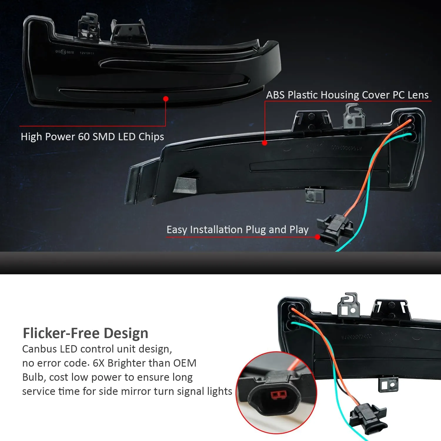 D-Lumina Dynamic LED Side Mirror Sequential Turn Signal Lights Smoked Lens for Merce-des Benz A/B/C/E/S/CLA/GLA/GLK/CLS Class W204 W176 W212 W246 W221 C250 C300 C350, Side Marker Blinkers Mirror Light