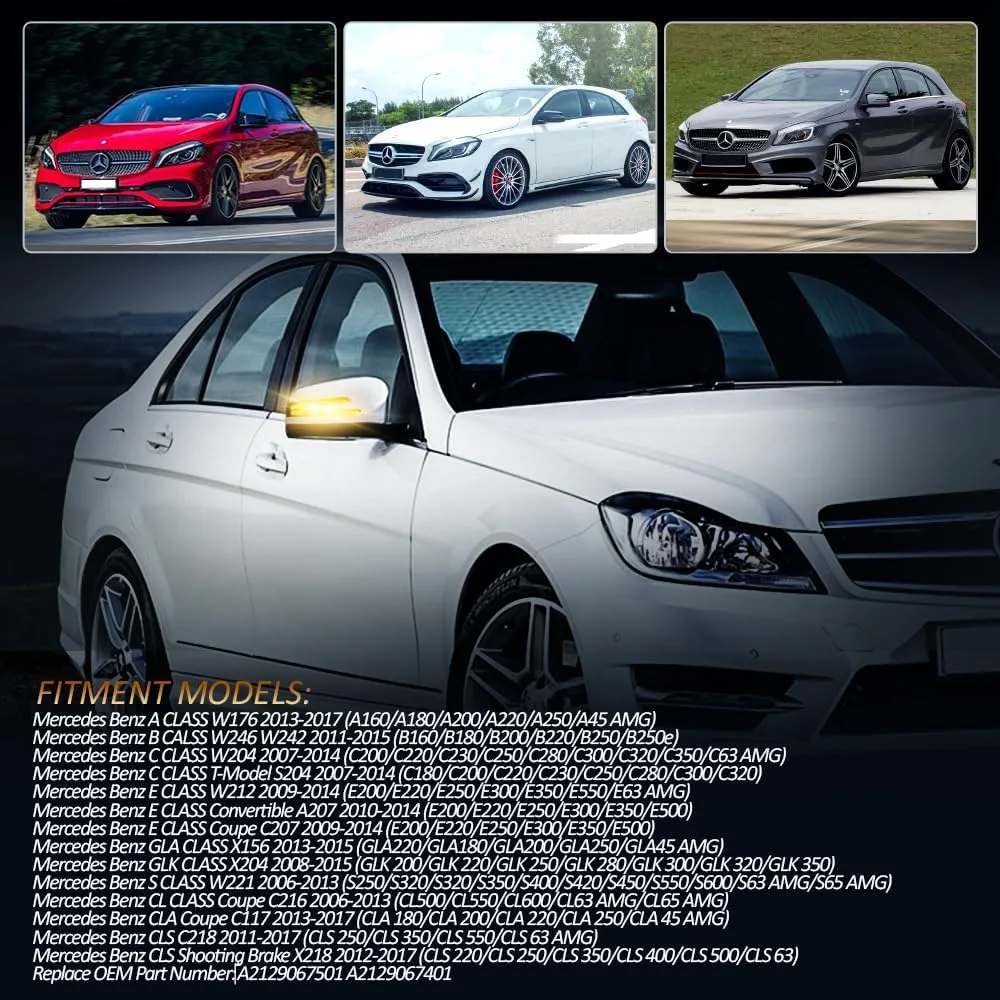 D-Lumina Dynamic LED Side Mirror Sequential Turn Signal Lights Smoked Lens for Merce-des Benz A/B/C/E/S/CLA/GLA/GLK/CLS Class W204 W176 W212 W246 W221 C250 C300 C350, Side Marker Blinkers Mirror Light