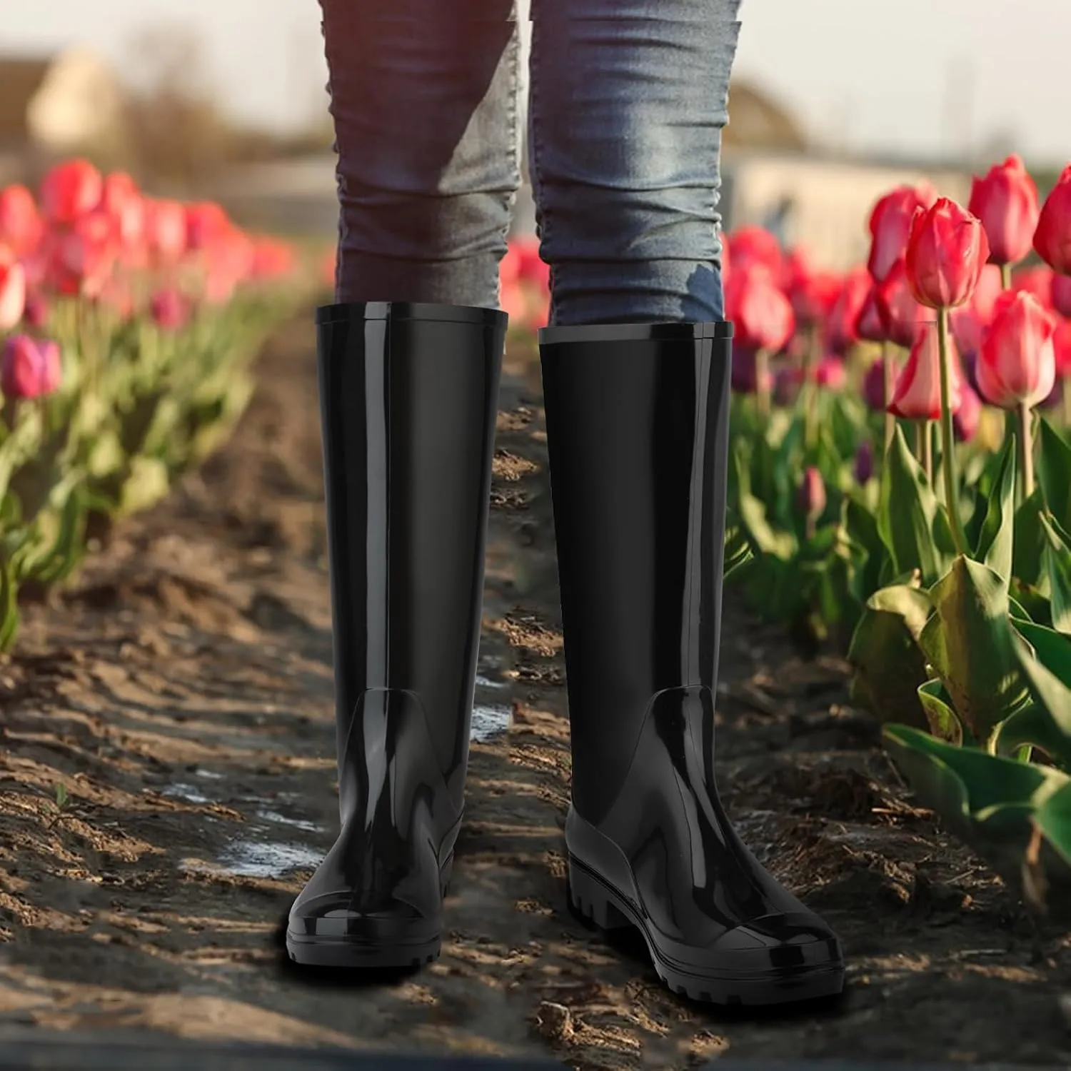 DaeRainy Tall Rain Boots for Women, Knee High Waterproof Slip On Garden Boots